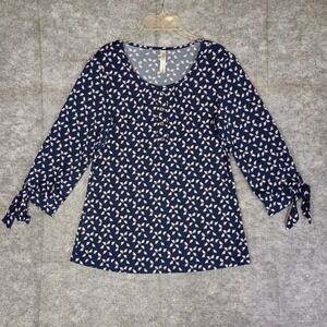 PerSeption Concept Women's Small Bird Print 3/4 Sleeve Tie Cuff Blouse Casual